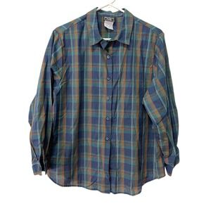 *Vintage Southern Lady 18 Blue Brown Plaid Long Sleeve Shirt Business Casual